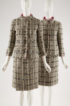 (right) Licensed copy of a Chanel, day suit, wool bouclé, 1967, USA, gift of Ruth L. Peskin.
