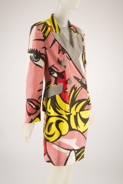 Moschino Cheap and Chic, suit with Roy Lichtenstein print, 1991, acetate, rayon, Italy, Museum purchase. Yohji Yamamoto, dress, fall 2007, silk, Japan, Museum purchase.