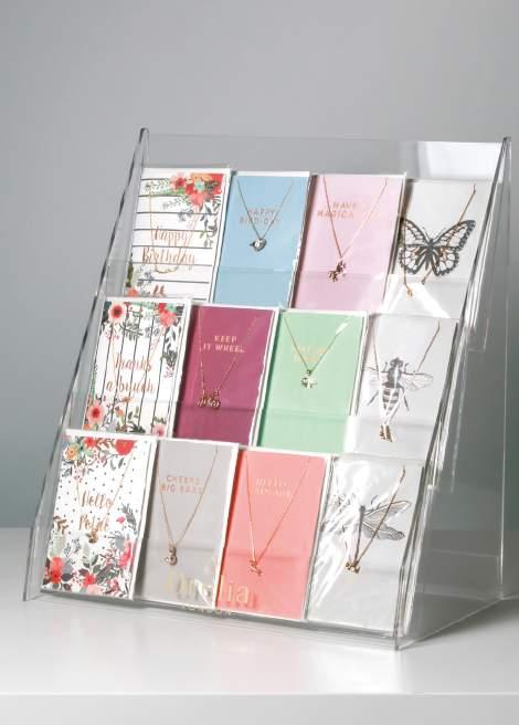 47 48 Tiered Giftcard Holder Notes This display unit is made from clear perspex and is tiered, allowing gift cards to be displayed effectively and clearly within minimal space.