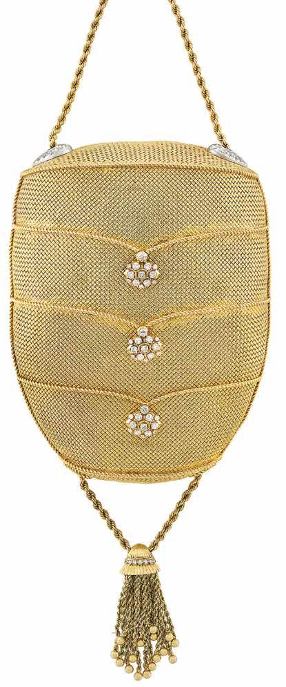 458 455 detail (Necklace Image reduced) 455 Gold, Platinum and Diamond Tassel Purse with Gold hain Necklace, Van leef & Arpels 18 kt., 73 round diamonds ap. 5.95 cts.