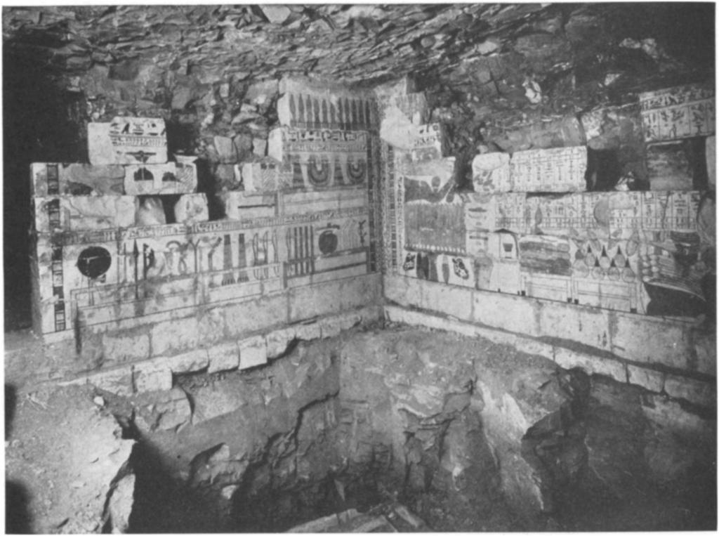 THE EGYPTIAN EXPEDITION I922-1923 were painted and plastered uniformly all around. Today the paintings and the plaster are gone and the mouth of a tunnel gapes directly behind the statue base.