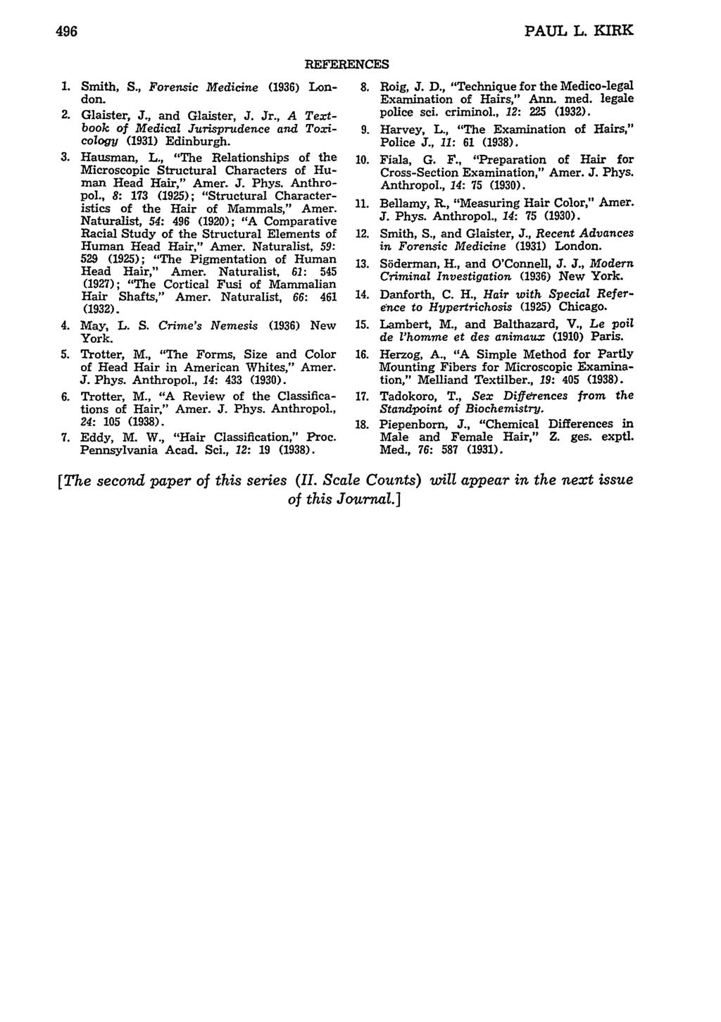 1. Smith, S., Forensic Medicine (1936) London. 2. Glaister, J., and Glaister, J. Jr., A Textbook of Medical Jurisprudence and Toxicology (1931) Edinburgh. 3. Hausman, L.
