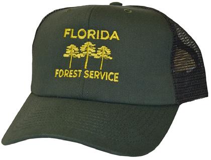 $ 71 9 FL135 Baseball Cap-Mesh Back Mesh Baseball Cap. Dark Green 65% Polyester/35% Cotton laminated twill front panels with black mesh back. Embroidered Florida Forest Service logo in yellow.