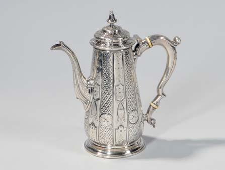7 8 George II Sterling Silver Coffeepot, London, worn date mark possibly 1757-58, Aymé Videau, maker, with scrolled handle and chased vertical bands of decoration, ht. 10 1/4 in., approx. 35.