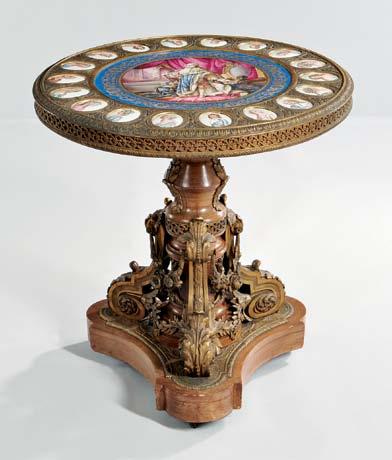 Furniture & Decorative Arts 300 300 Sevres-style Gilt-bronze Table with Porcelain Plaques, 19th century, round top with centralized scene of Louis XVI, surrounded by small oval plaques depicting