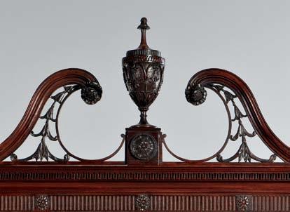 303 306 George III Mahogany Secretaire, England, late 18th/early 19th century, broken scroll pierced pediment with carved finial over two glazed doors with two interior wood shelves, above projecting