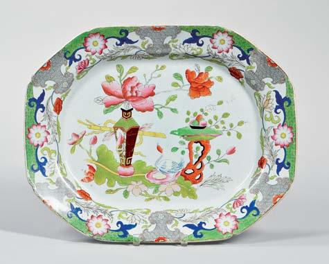 562 Three Mason s Ironstone Chinoiserie Platters, England, 19th century, each octagonal, with notched corners, polychrome decorated with a vase, flower, and bird motif, factory marks to underside, ht.