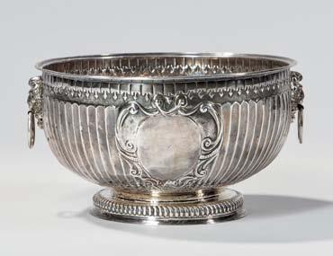 Fine Silver 1 English Silver & Plate 1 William III Sterling Silver Punch Bowl, London, 1698-99, Francis Garthorne, maker, the circular, fluted bowl with applied cast lion heads with ring handles and