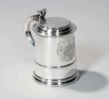 $4,000-6,000 2 George I Britannia Standard Silver Tankard, London, 1715-16, maker s mark B_ possibly for Richard Bayley, with scrolled thumbpiece and engraved coat of arms, ht. 7 in., approx. 24.