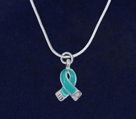 Charm is approximately 1.5 x 1.5 cm. Comes in an optional gift box. (N-05-3) Qty: 18/pkg. Small Teal Ribbon Necklace.