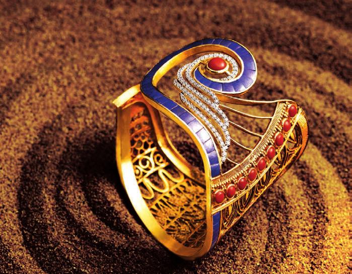 1174VAF Coral and lapis lazuli set in intricate works of gold depict ancient Egyptian symbols
