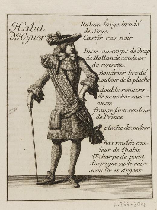 Man in a Winter Suit with Cane, 1678, France by Jean Le Pautre after Jean Bérain Etching and engraving, from the fashion supplement of Le Mercure Galant This print shows what