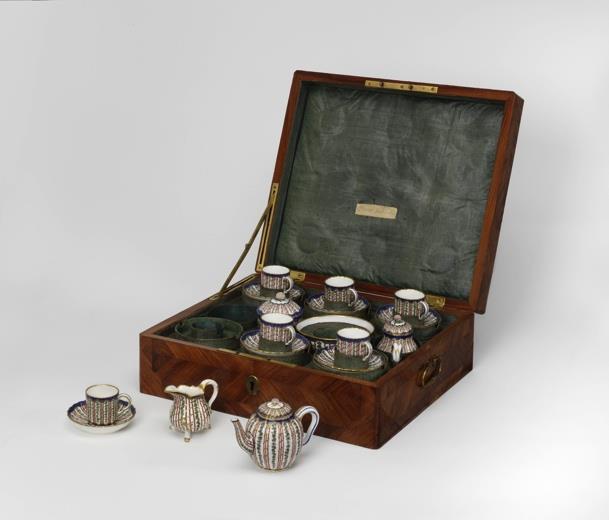 Tea set in travelling case, 1764-65. France (Paris) Made at the Sèvres factory.