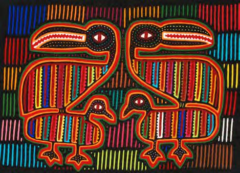 Story molas may also depict important events such as a smoke ceremony, marriage or funeral. Subject Geometric Molas burst with bold bright colors.