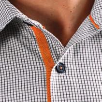 BARTON Wait staff shirt. Orange trimming on internal collar base, button placket. 2 chest pockets. Front and back waist darts. Transformable sleeves.