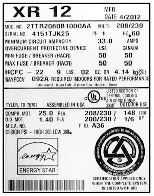 7.6 Products Trane Residential: Heat Pump Product Label TRANE, A BUSINESS OF INGERSOLL RAND Front Side Strategic brand products are endorsed with the corporate signature located in a discrete