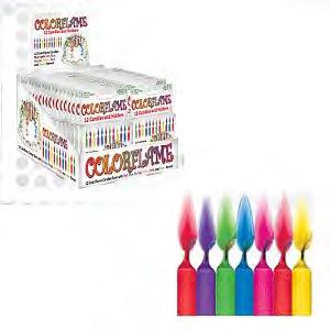 2016 GM Showroom Catalog 227 228 Colorflame Candles, 26 pk. The Actual Flame Burns In Brilliant Hues of Red, Green, Blue, Orange, Purple and Pink!