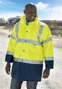 Outer coat: Waterproof and breathable fabric with fully taped seams Studded storm flap with two-way zip Fleece-lined collar Roll-away hood Conforms to: EN471:2003+A1:2007 Class 3 and