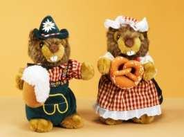 5" soft curly plush bears dressed in traditional Dirndl and Lederhosen
