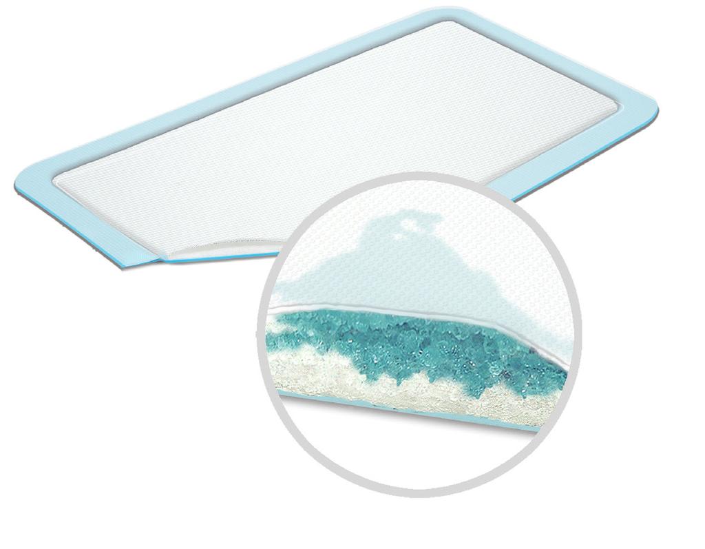 Inside this sachet is a super-absorbent polymer fiber core. Once fluid enters the dressing and converts to a gel, very little can be released, even under compression.