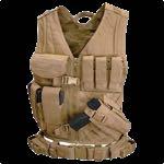 Condor Cross Draw Tactical Vest Right side has 3 ammo pouches, large shell carrying pouch and a shooting pad Left side features a pistol holster