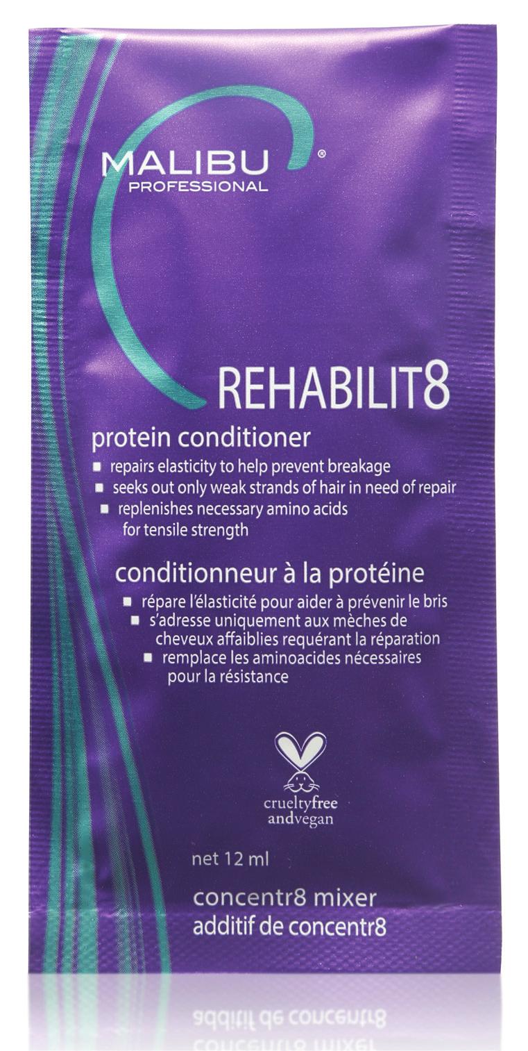 REHABILIT8 Protein Conditioner concentr8 mixer repairs elasticity to help prevent breakage seeks out only weak strands of hair in need of repair replenishes necessary amino acids for tensile strength