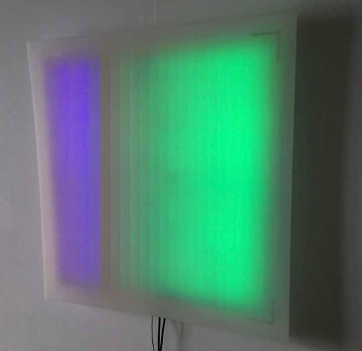 Simple Sample Sound-reactive Light Installation at Zero Abend Film und Musik, Akademie der Künste Berlin, 2015 Simple Sample is an about meter square diffusive panel lit up by RGB-LEDs controlled by