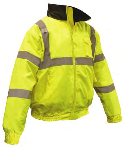 Class 3 Hi-Viz Weather Proof Bomber Jacket with Quilted Built-In Liner Quilted liner 160g/m2 2 silver reflective tape PU coated weather proof 300D oxford polyester shell Concealed