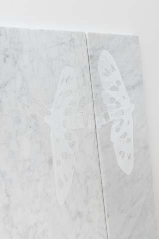 L L L Thresholds, 2017 Carrara marble, laser and manual engraving, 83h x 2 x 40/16/11,5 cm and detail Moths etched on marble slabs, as fossils.