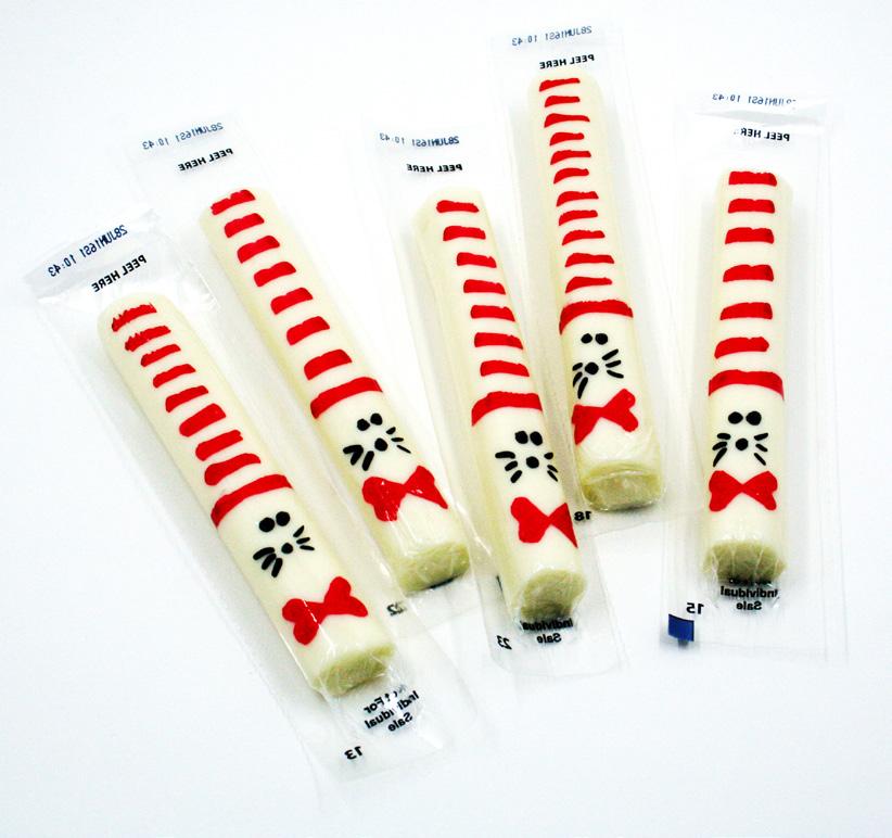 Cat in the Hat Cheese Sticks Cheese sticks Red and black permanent markers Directions: Turn to the back or plain side of the cheese stick wrapper.