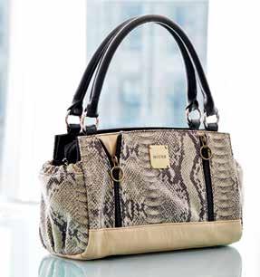LESLIE - CLASSIC Tan and black textured snake skin coated canvas with light tan details.