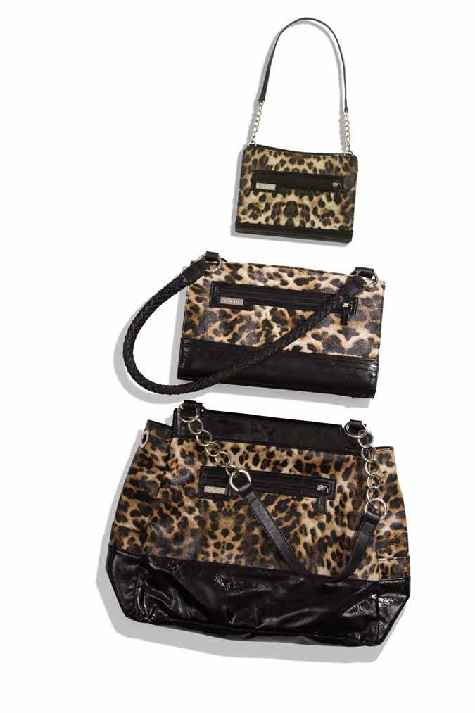 Brown, white and black textured leopard print faux leather is highlighted by glossy black patent accents. 1.