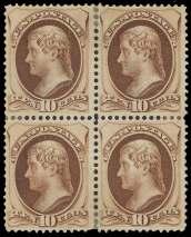 U.S. 19TH CENTURY STAMPS: 1870-1875 Issues 1065 1066 1062 ( )a 3 green (147), impressive multiple, with wonder fully rich color, nat u ral straight edge along right 2 stamps, block of 10, with out