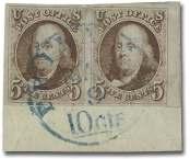 Estimate $400-600 919 5 red brown (1), extraordinary quality right sheet mar gin pair tied on small piece, pay ing the 10c over 300 maile rate, out stand ing color and im pres sion, pair, tied to
