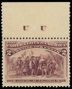 F., Scott $1,130. Estimate $500-750 1127 3 Co lum bian (232), lovely left sheet mar gin single, extremely large margins and wonderful centering, a great stamp, o.g., never hinged, Ex tremely Fine; 2011 P.