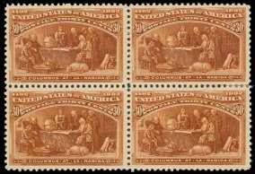Estimate $250-350 1139 a 30 Co lum bian (239), attractive multiple, with bril liant color, the left 2 stamps are solid "VF" ex am ples with large mar gins,
