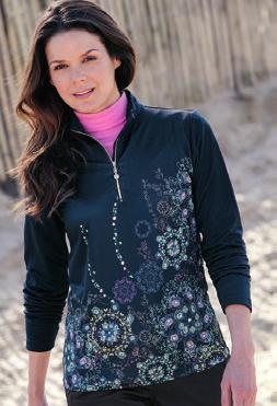 daily sports TRISHA LONG SLEEVE HalF NECK Lightweight and quick dry birds eye fabric featuring a striking print on the front with a zip fastening. Navy Multi. XS, S, M, L, XL, XXL.