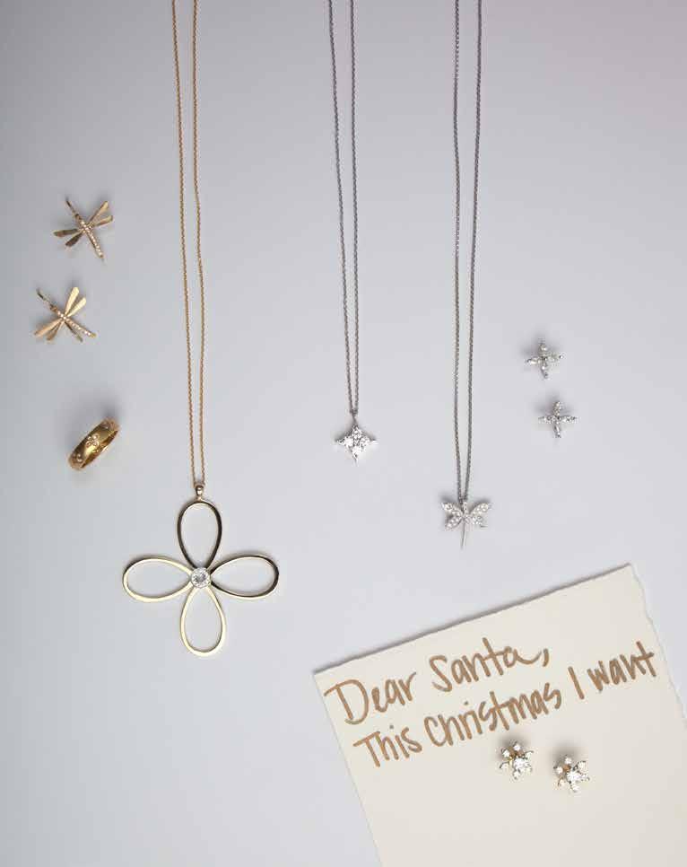 Dragonfly diamond earrings, 14K, $1060. Eternity diamond clover band, 18K, $1695. Flower pendant with diamond center, 14K, $1035.