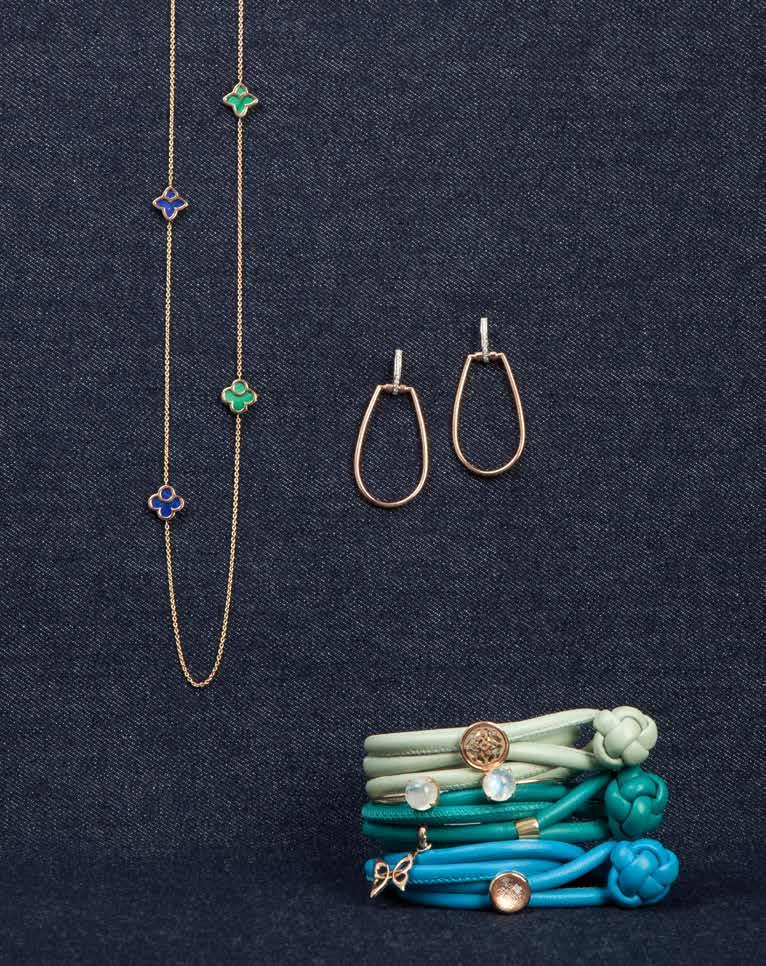Everything goes with denim! Tirisi quatrefoil necklace with malachite, turquoise & lapis, 36, 18K, $2940. Roberto Coin Parisienne diamond earrings, 18K, $2550. Tirisi leathers in assorted colors, $79.