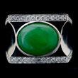 Centering one oval jadeite cabochon measuring approximately 15 x 10 mm, accented by forty-six round-cut diamonds weighing a total of approximately 0.50 cttw., set in a 14k white gold mounting.