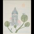 KEIKO MINAMI (Japanese 1911-2004) "Untitled - Bird and Castle" Color etching on paper. Plate: 13 1/2 x 11 inches.