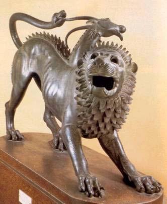 This statue of a Chimera is an excellent example of the Etruscan artistry. The Chimera is a Greek monster with a lion's head and body and a serpent's tail.
