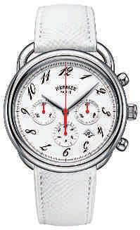 Its dial, available in black or silver (shown), bears a herringbone motif matching the one found on saddle rugs.