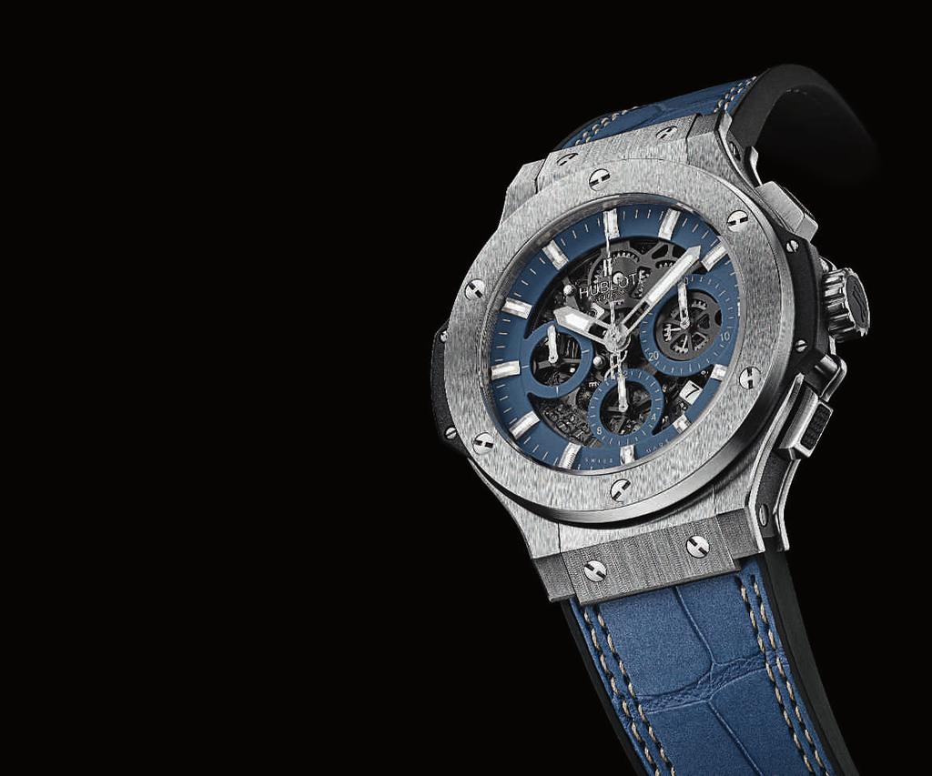 1 0 T H INTO THE BLUE Widely known for their porthole-shaped cases and rubber straps, Hublot timepieces have a distinctive look that has attracted watch aficionados worldwide.