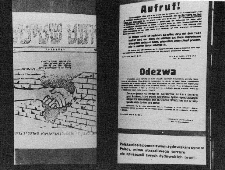 88 Martyrology and Struggle of the Jews, Left, a a reproduction of a resistance newspaper showing the hand of a Polish