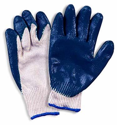 RUBBER COATED KNIT GLOVE These are 10 Oz., string knit cotton gloves that have been dipped in blue rubber on the working side of the gloves.