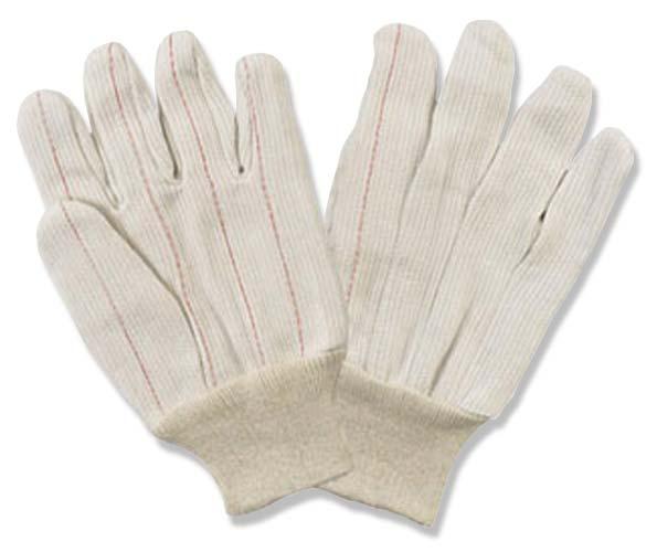 OIL RIGGERS GLOVES These are 18 oz. double palm cotton gloves with a knit wrist. They have a clute pattern with a corded canvas exterior and double stitching for durability.
