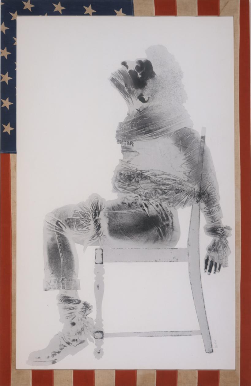 David Hammons (United States, b. 1943) Injustice Case, 1970 Body print (margarine and powdered pigments) and American flag LACMA, Museum Acquisition Fund, M.71.