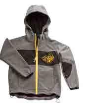 00 : X 995002044000 CHILDREN S SOFTSHELL JACKET Grey children s softshell jacket with yellow Challenger caterpillar printed graphic on the chest and printed Challenger logo on the back.