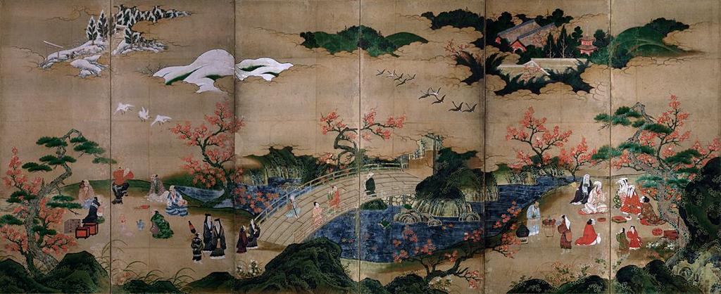 Tokyo National Museum Maple Viewing at Takao, a six-panel folding screen painting by Kano Hideyori, created during the Muromachi Period (16th century); National Treasure A10470.
